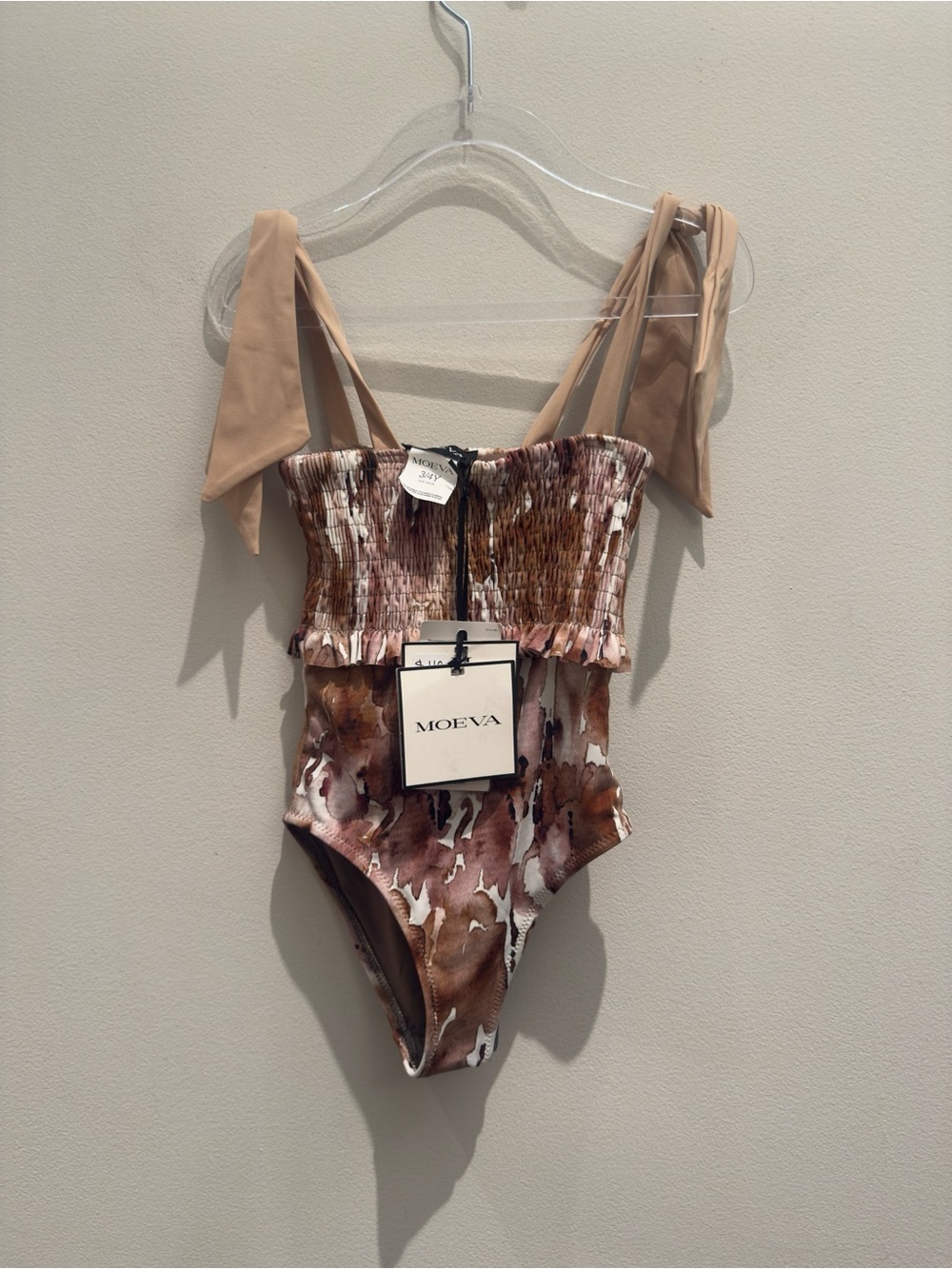 MOEVA Ilaria Brown and Tan Floral Abstract Tie Shoulder One-Piece 3/4 Years